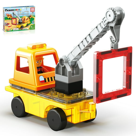 PicassoTiles 3-in-1 Magnet Tile Building Blocks – Crane, Dump Truck & Ladder Construction Vehicle with Car Base, STEM Toy for Kids