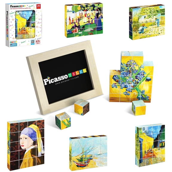 PicassoTiles 20PCS 1" Magnetic Puzzle Building Cubes of Famous World Art with Free Frame, STEAM Educational Toy for Kids Toddlers Age 3+