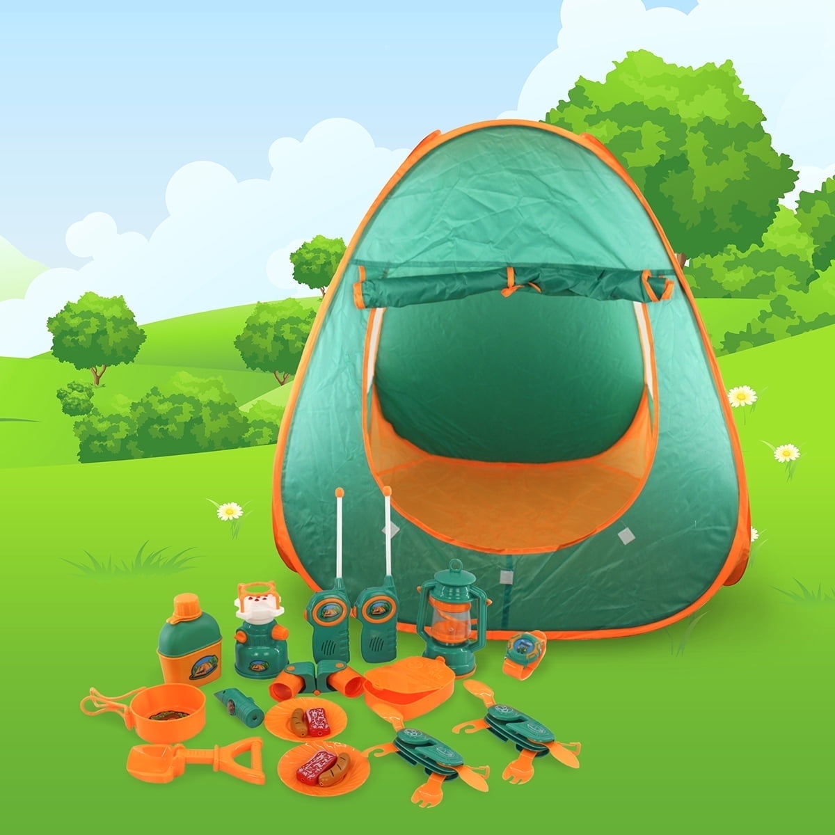 PicassoTiles Kids Camping Gear Set, 20PCS with Walkie Talkie, Tent