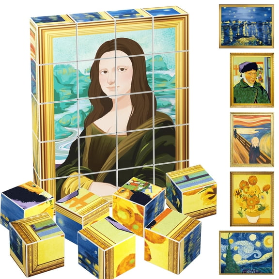 PicassoTiles 20PCS 1" Magnetic Puzzle Cubes, Van Gogh & Mona Lisa Hand Puzzle, STEM Educational Mix & Match Art Toy for Kids Boys & Girls 3+