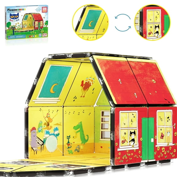 PicassoTiles Pete The Cat Magnetic Tiles, Home Theme Building Blocks with Double-Sided Printing, STEM Educational Toy for Toddlers Boys & Girls 3+