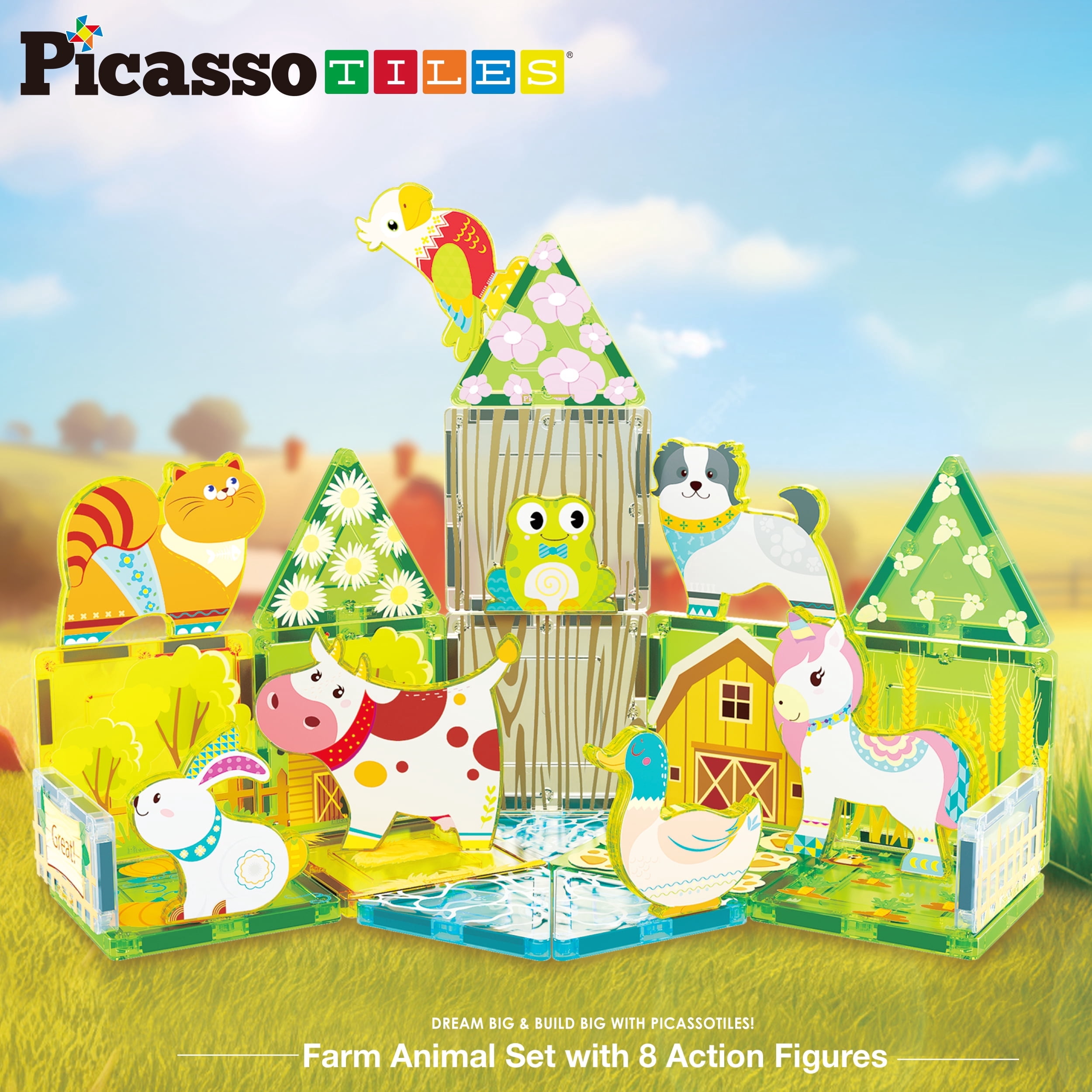 PICASSO TILES, Magnetic Tiles for Kids, 26PCS, Farm Animals Theme