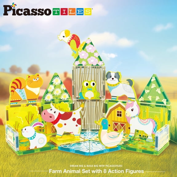 PicassoTiles Magnetic Tiles for Kids – Farm Animals Theme 26PCS STEM Construction Building Blocks Educational Toy