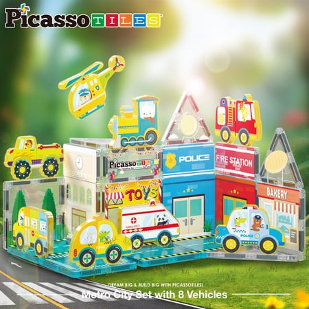 PicassoTiles Magnetic Tiles for Kids – Metro City Theme 26PCS STEM Construction Building Blocks Educational Toy