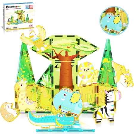 PicassoTiles Magnetic Tiles for Kids – Safari Animals Theme 26PCS STEM Construction Building Blocks Educational Toy