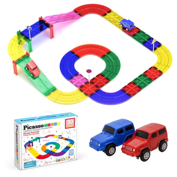 PicassoTiles Race Track Magnetic Tiles for Kids with 2 Racing Cars – 30PCS STEM Construction Building Blocks Educational Toy Set