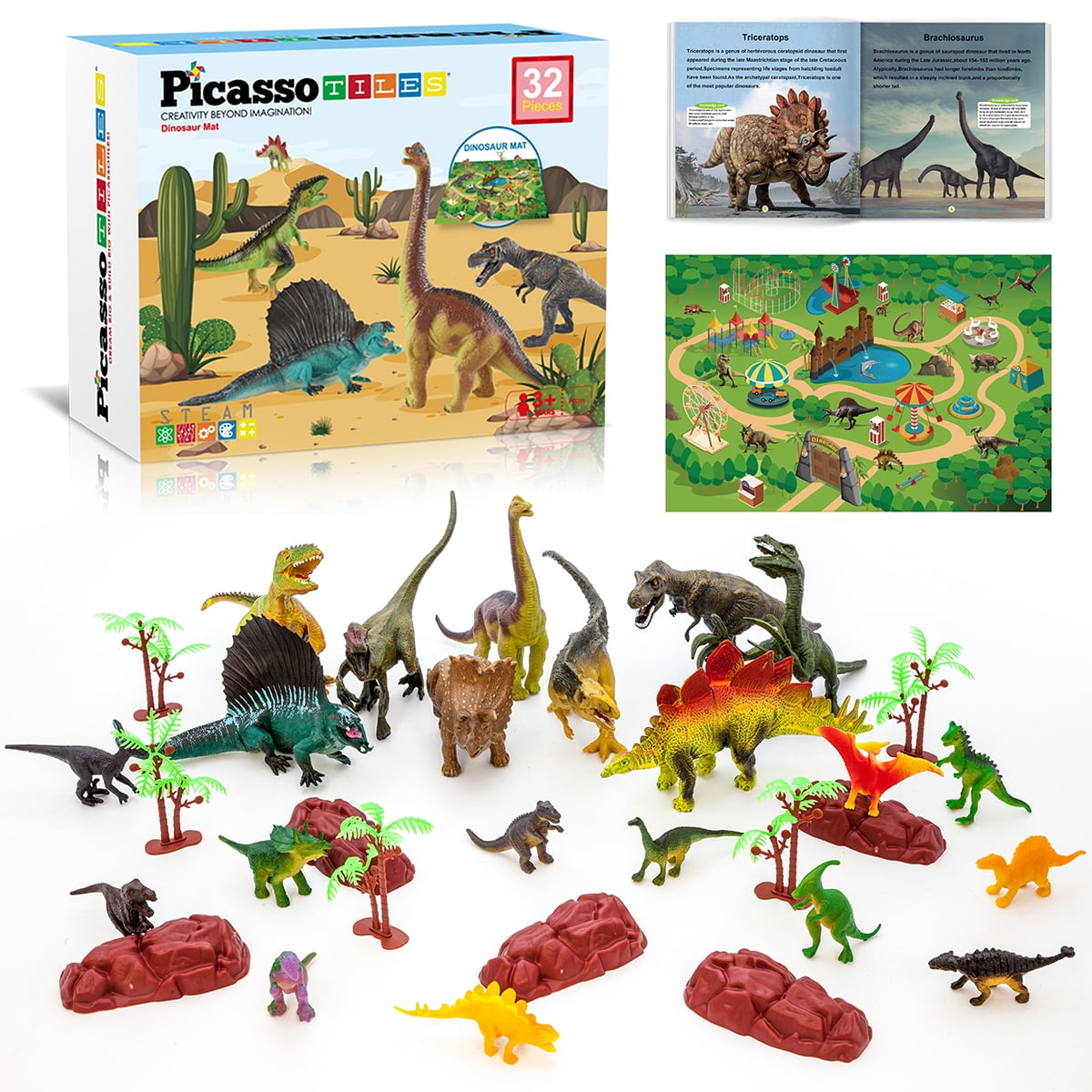 PicassoTiles 32 Piece Dinosaur Action Figures Toys with Play Mat
