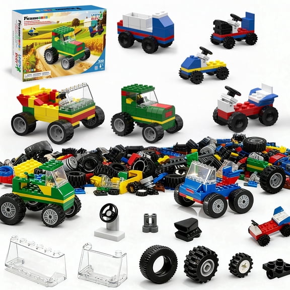 PicassoTiles 320-Piece Car Building Brick Block Set, Creative Vehicle Construction Toy for Kids, STEM Learning & Imaginative Play