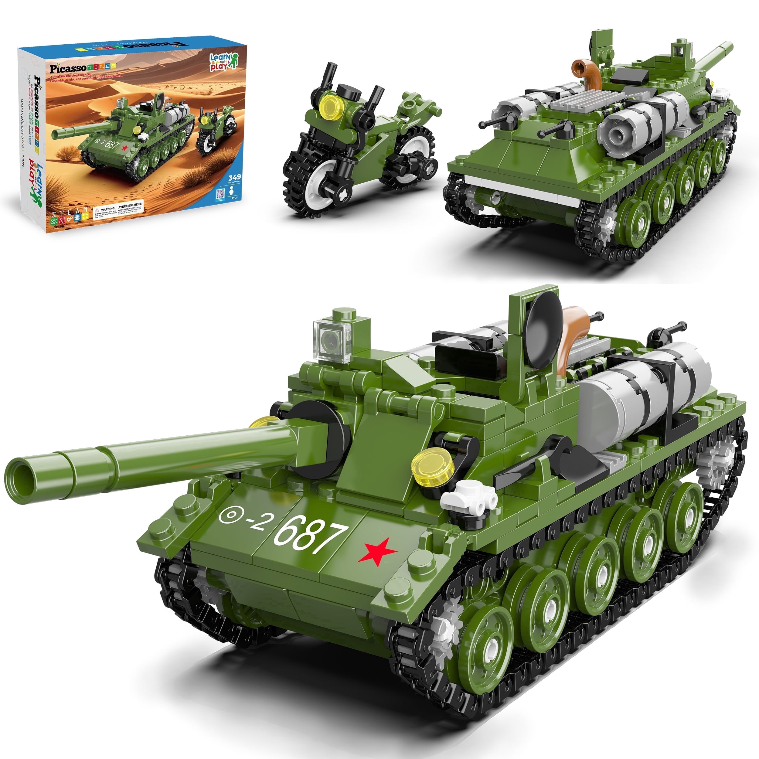 PicassoTiles 349-Piece Army Tank & Military Motorcycle Brick Block