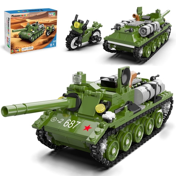 PicassoTiles 349-Piece Army Tank & Military Motorcycle Brick Block Building Set, STEM Construction Toy for Kids