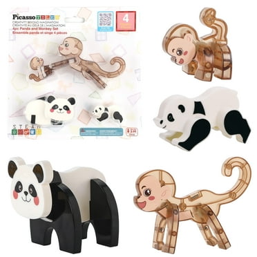 PICASSO-TILES 4 PC Panda and Monkey Themed Magnetic Tiles, Magnet Building Blocks