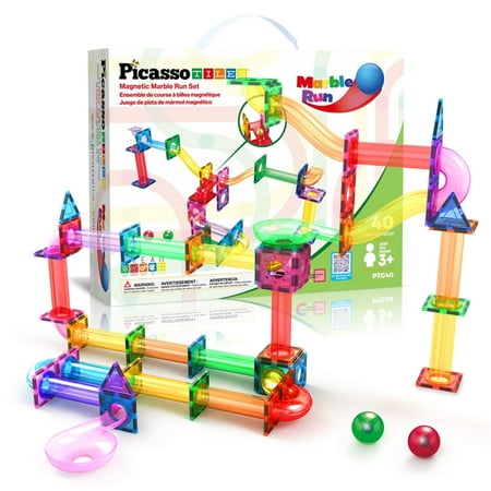 PicassoTiles Marble Run Magnetic Tiles for Kids – 40PCS STEM Construction Building Blocks Race Track Educational Toy Set