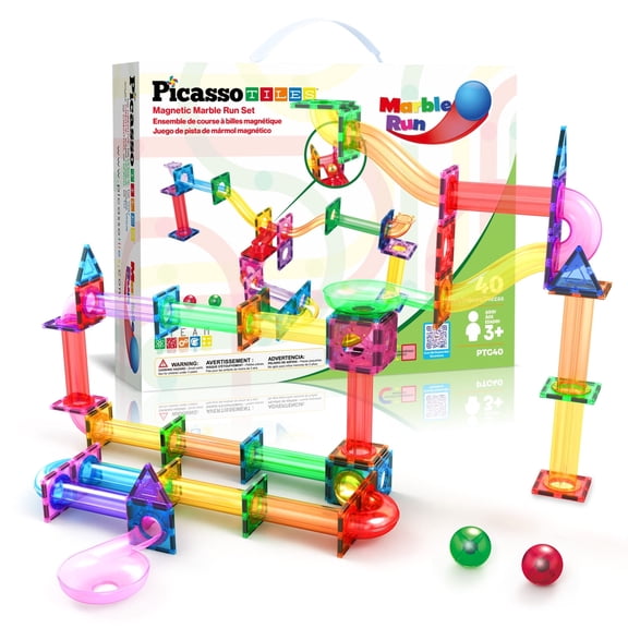 PicassoTiles Marble Run Magnetic Tiles for Kids – 40PCS STEM Construction Building Blocks Race Track Educational Toy Set