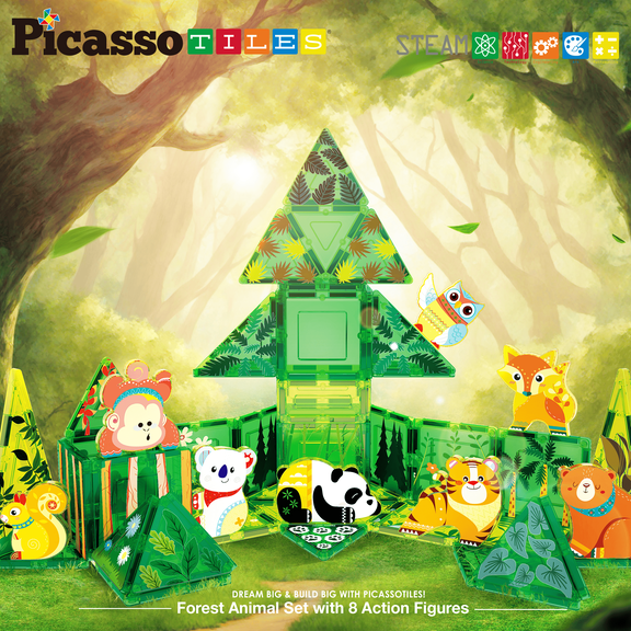 PicassoTiles Magnetic Tiles for Kids – Forest Animals Theme 48PCS STEM Construction Building Blocks Educational Toy