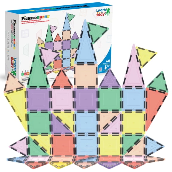 PicassoTiles 48-Piece Pastel Magnetic Tile Building Set STEM Montessori Educational Construction Toy, Sensory Learning Playset for Toddlers & Kids Ages 3+, Boys & Girls