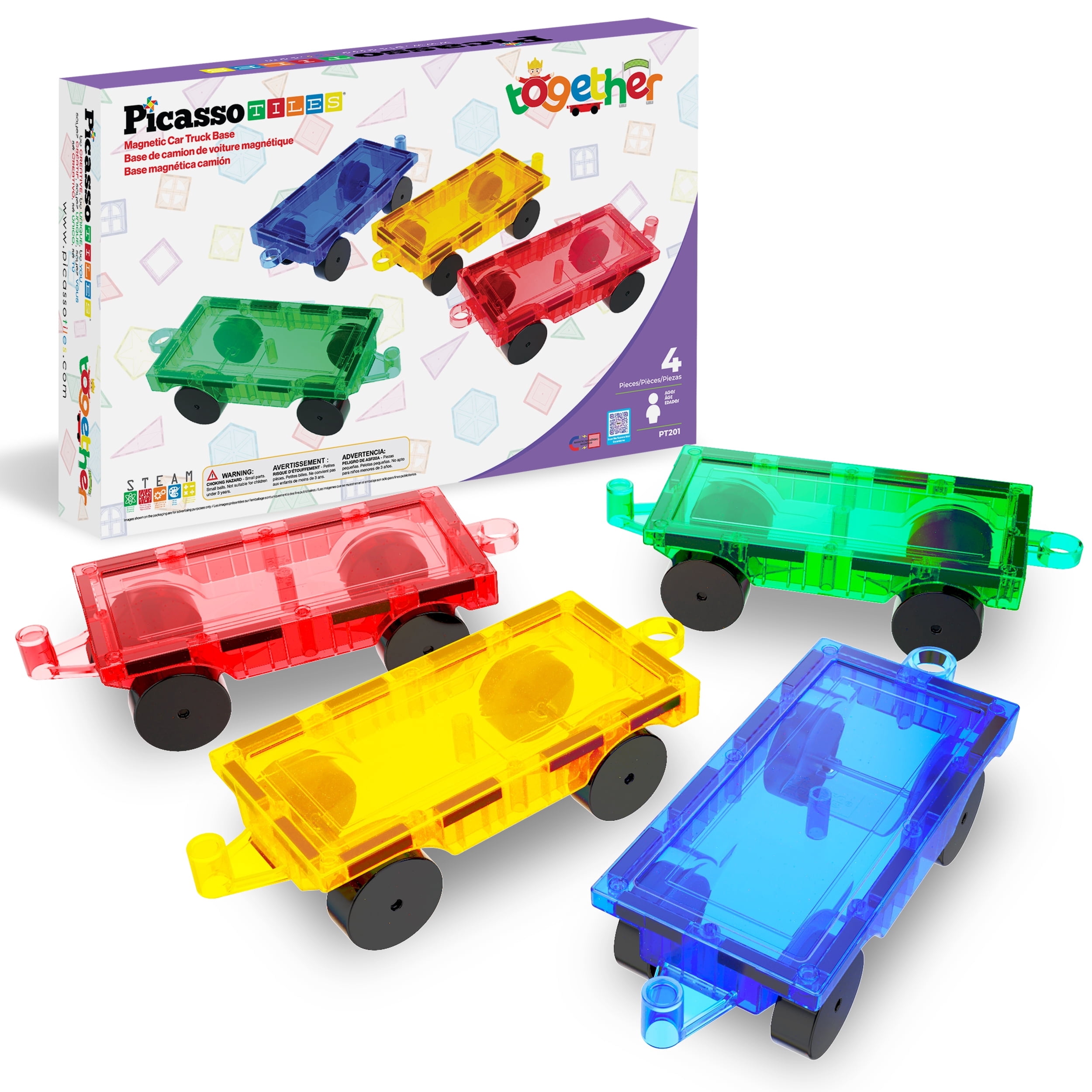 PicassoTiles 4PC Magnetic Tiles Car Truck Base Construction Building Toy , Educational STEM Building Kits for Kids