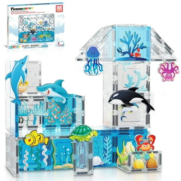 PICASSO-TILES Magnetic Tiles for Kids, 52PCS Marine Animal Theme, Construction STEM Building Blocks Educational Toy