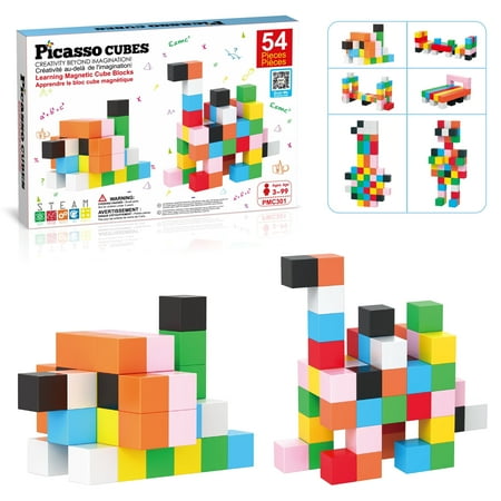 PicassoTiles 54PCS 1.2" Magnetic Cube Building Blocks, STEM Educational Construction & Sensory Toy with Idea Booklet for Kids, Boys & Girls