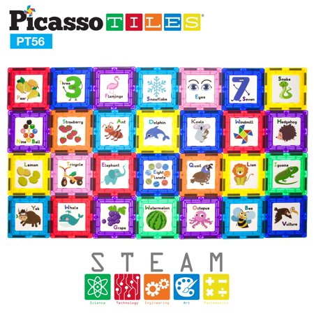 PicassoTiles Magnetic Building Blocks Set with Click-in Tiles & Educational Artwork Inserts, STEM Construction Toy for Kids Brain Development