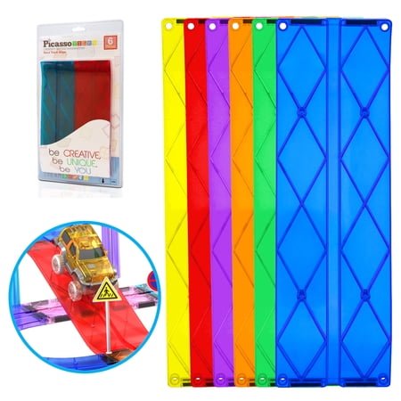 PicassoTiles Magnetic Tiles Race Track Expansion Set for Kids – 6PCS STEM Construction Building Blocks Add-On Toy with Racing Ramp