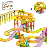 PICASSO-TILES Race Track Magnetic Tiles for Kids, 60PCS with 2 Racing Cars, Construction STEM Building Blocks Educational Toy