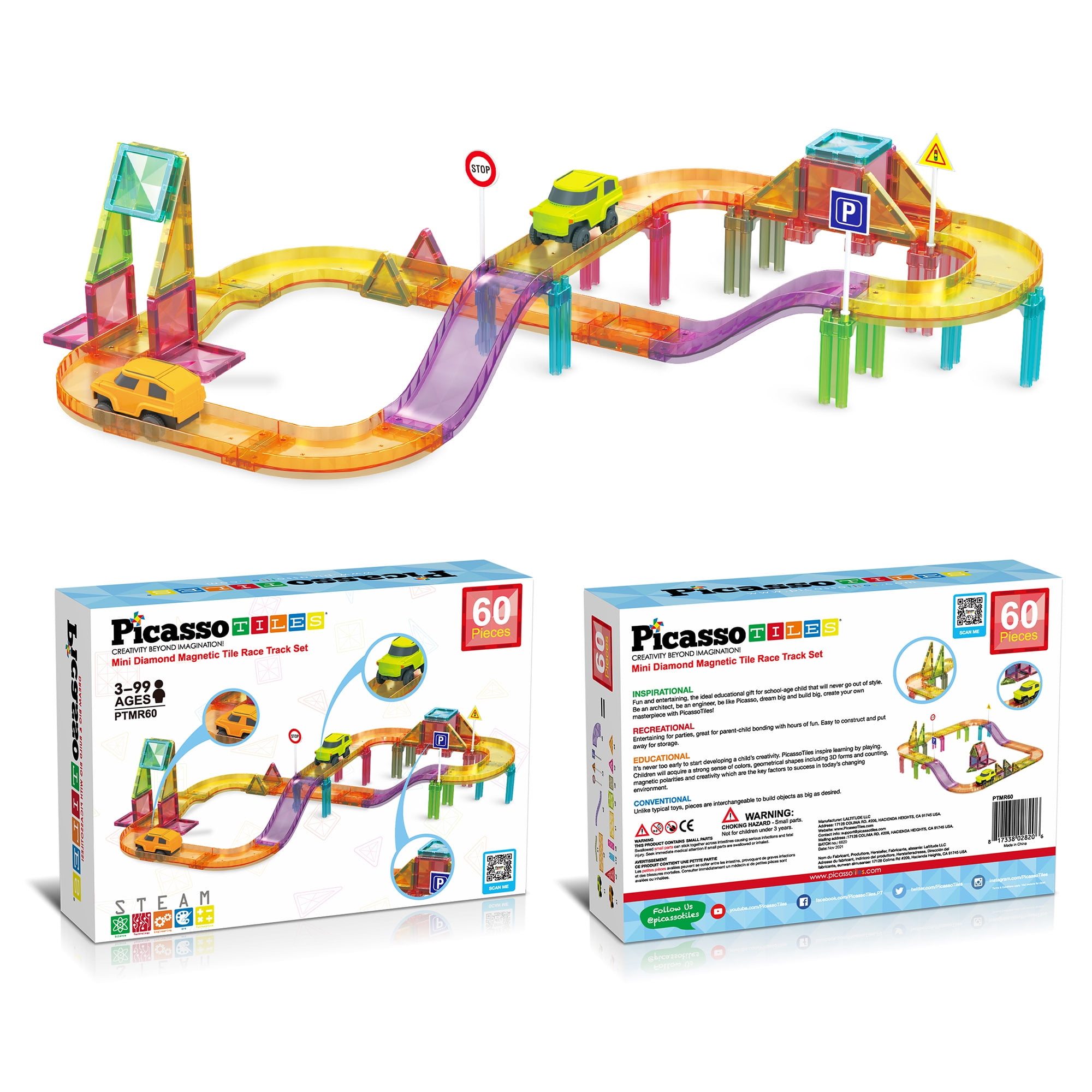 Picasso Tiles Magnetic Race Track Playset, 50-pc