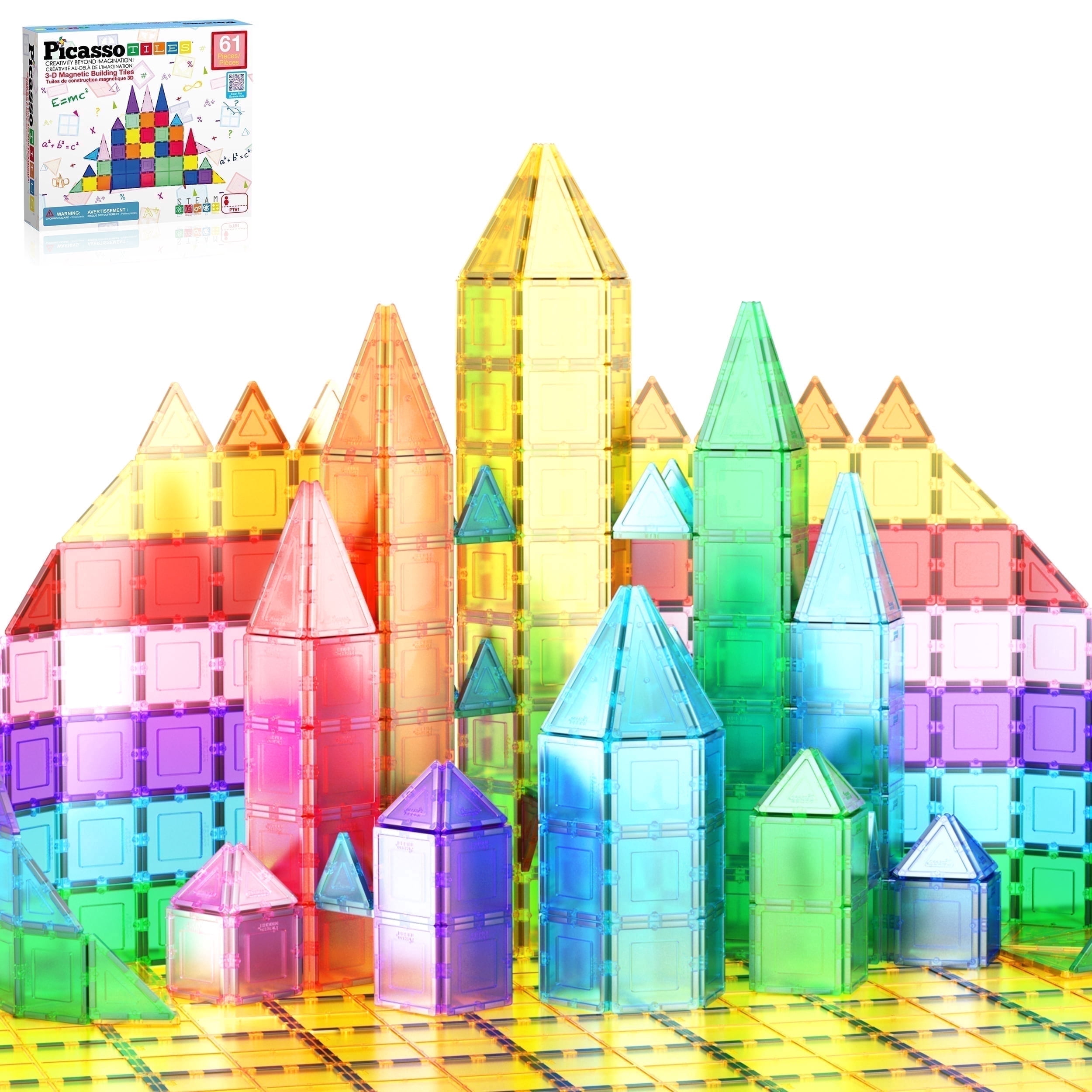 PicassoTiles 61PCS Magnetic Tiles  STEM Educational Construction Building Blocks, Creative Play & Brain Development Toy for Kids Kindergarten Toddler