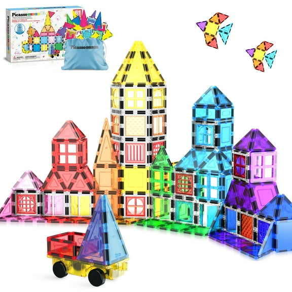 PicassoTiles Magnetic Tiles for Kids with Tote Bag –61PCS STEM Construction Building Blocks Educational Toy Set