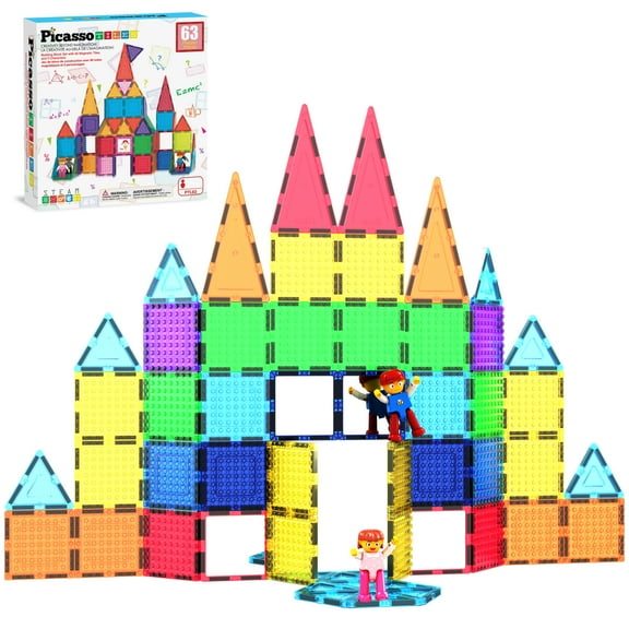 PicassoTiles 63PCS Magnetic Tile Building Block Set with 2 Character Figures, STEM 3D Construction Educational Toy for Kids 3+, Montessori Learning Playset