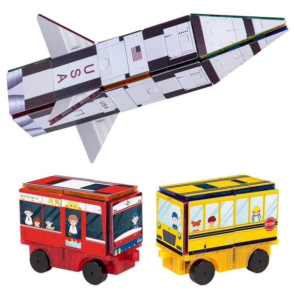 PICASSO TILES 64PCS Magnetic Tile Set, 3-in-1 Rocket, Train & School ...