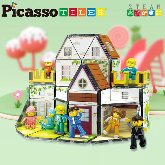 PicassoTiles Magnetic Tiles for Kids – Family Home Theme 65PCS STEM Construction Building Blocks Educational Toy