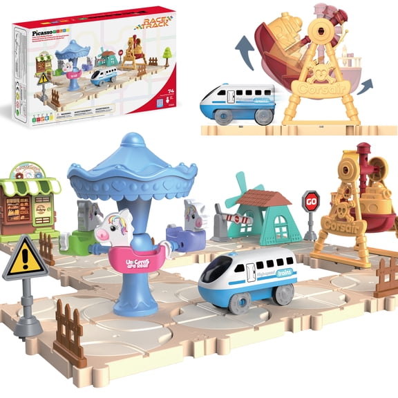 PicassoTiles 74-Piece Train Track Builder Set Rotating Reversible Engineering Playset with Vehicle & Accessories, Car Racetrack Building Block STEM Learning Toy for Kids 3+