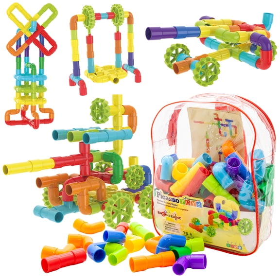 PicassoTiles 76PC STEM Pipe Building Interlocking Tube Construction Toy With Wheels and Storage Backpack Creative Educational Brain Development Learning Blocks For Kids Ages 3+ Boys and Girls
