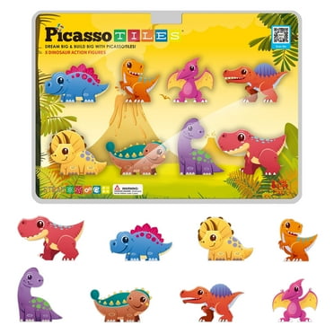 PICASSO-TILES Magnetic Tiles for Kids, Dinosaur Animal Theme Construction STEM Building Blocks Educational Toy, 8PCS