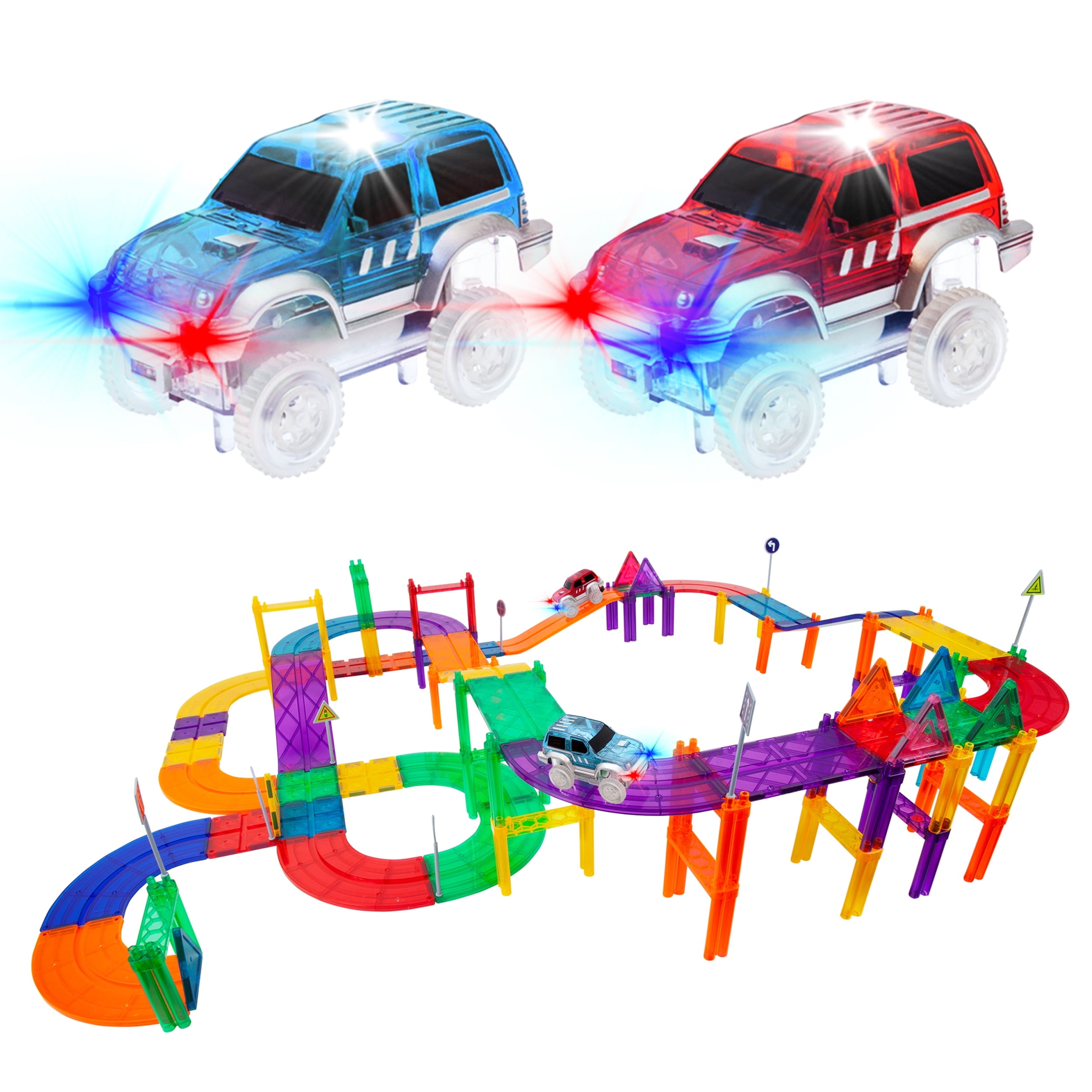 PicassoTiles Race Track Magnetic Tiles for Kids – 81PCS STEM Building Set with 2 Racing Cars, Educational Construction Toy, Creative Play Kit