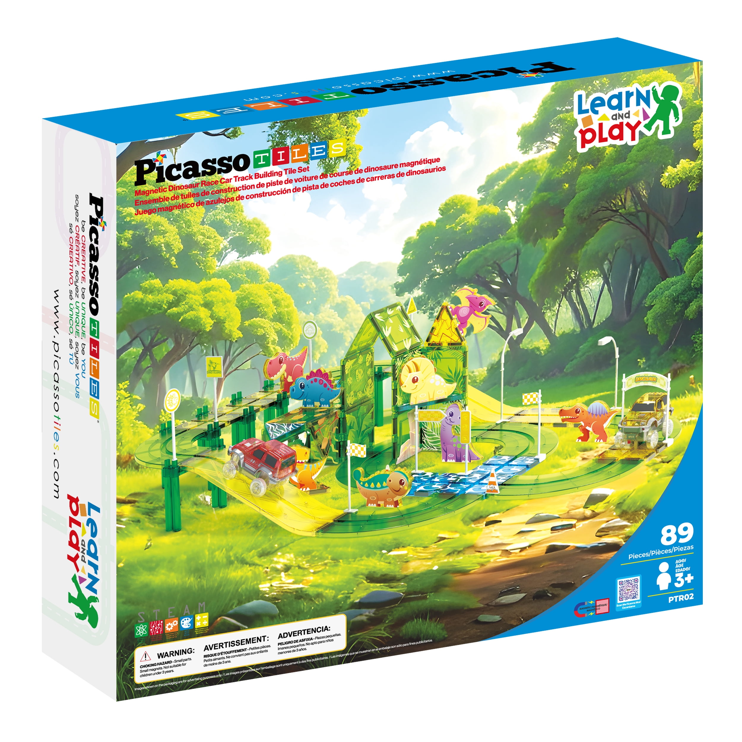 PicassoTiles Race Track Magnetic Tiles for Kids with 2 Racing Cars  89PCS STEM Construction Building Blocks Educational Toy Set