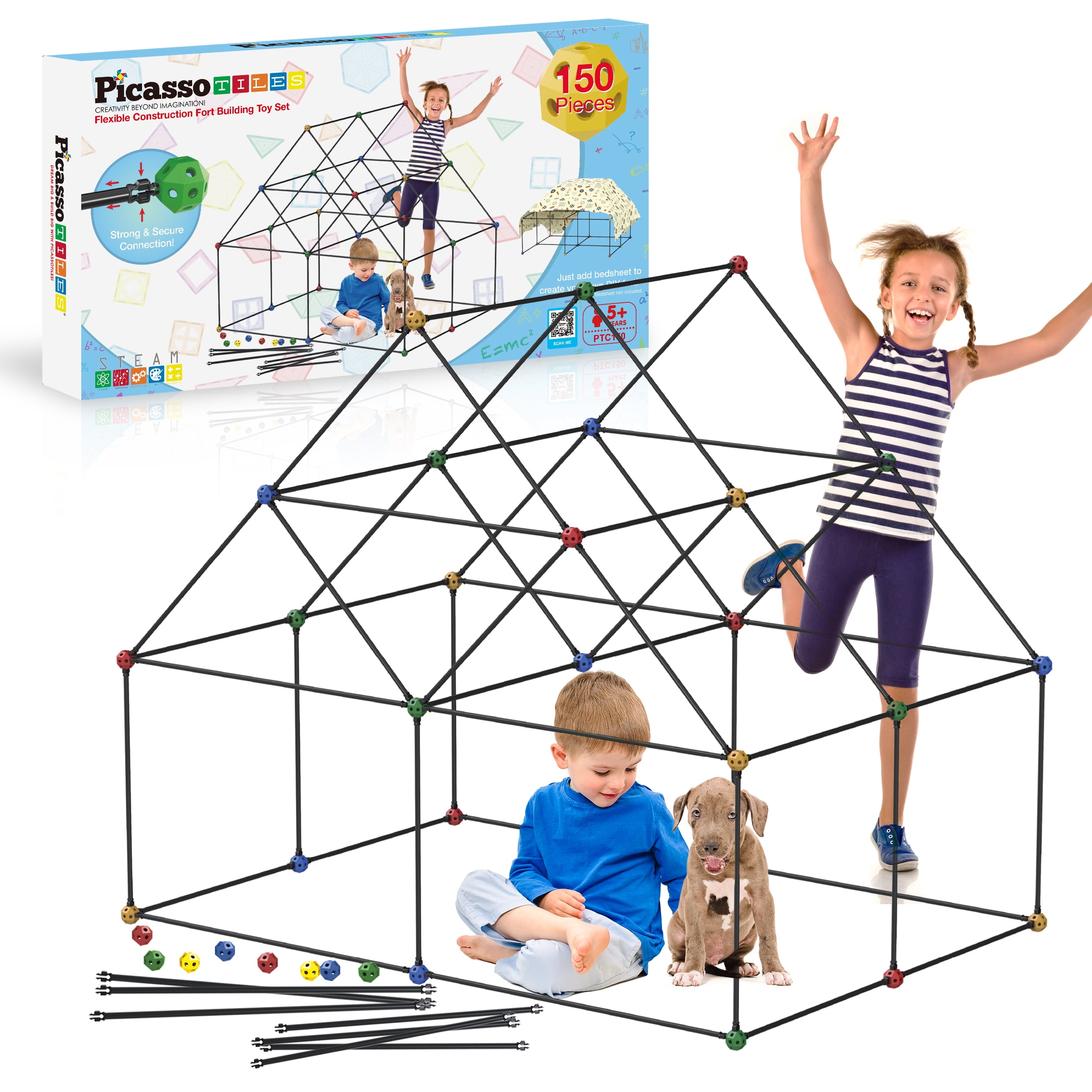PicassoTiles Kids Fort Building Kit Glow In The Dark Playset 125 Piece  Indoor Outdoor Toy Set Fort Construction Builders Toys for Boys Girls STEM  Learning Castle System Tunnel Tent Rocket Pretend Play(PTC125G) 
