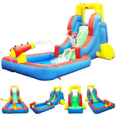 PICASSO-TILES Outdoor Inflatable Water Slide, Inflatable Bouncing House with Pool Area, Water Cannon Mount, Climbing Wall, Shower Sprays, Heavy Duty GFCI ETL Certified 385W Blower