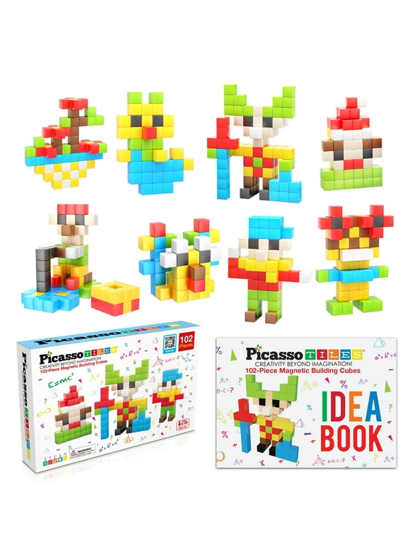 PicassoTiles Kids Pixel Magnetic Puzzle Cube 102pcs Mix & Match Cubes with Idea Book Sensory Toys