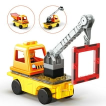 PicassoTiles Magnet Tile Building Blocks 3-in-1 Crane, Dump Truck, and Ladder Construction Vehicle