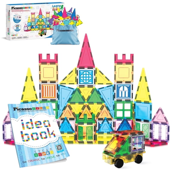 PicassoTiles Magnetic Tiles for Kids - 103PCS STEM Construction Building Blocks Set with Tote Bag & Booklet Guide, Educational Creative Learning Toy
