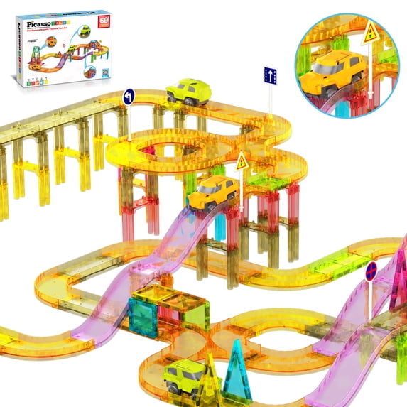 PicassoTiles Mini Magnetic Race Track Tiles for Kids – 60PCS STEM Construction Building Blocks Toy Set with Racing Car, Travel Size