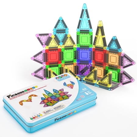 PicassoTiles 40PCS Nano Magnetic Tiles Travel Size Mini Portable Building Blocks Playset with Storage Case, STEM Educational Toy for Kids