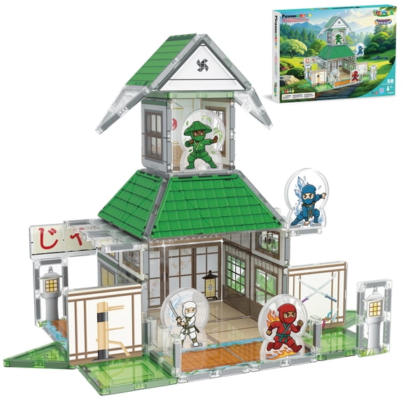 PicassoTiles PTQ107 Magnetic Tile Ninja Dojo Building Set, 3D STEM Learning Toys for Kids Ages 3+, Two-Sided Interior & Exterior Designs, 4 Ninja Characters, Educational Construction Blocks