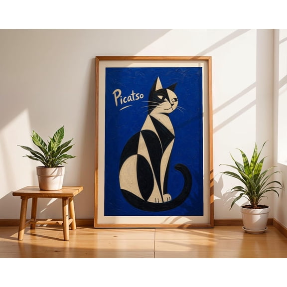 Picatso Cat Cubist Cat Wall Art Modern Feline Print Abstract Cat Illustration Cat Lover Gift Blue Cat Decor, Unframed Paper Print