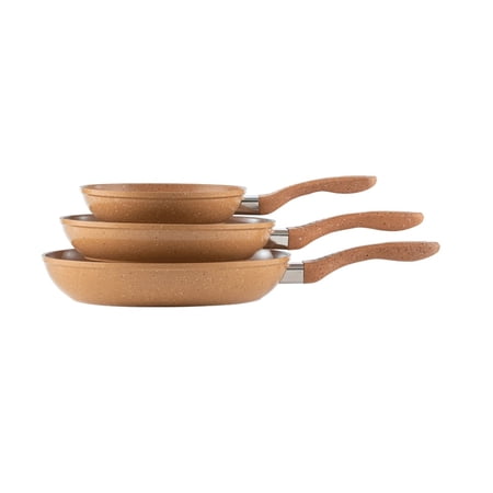 Picca Gravina 3-Piece Large Frying Pan Set - Easy Clean Marble Non Stick Cooking Pan Set with Mineral Based Coating - No PFAS/PFOS/PFOA - Light Brown - 8in, 10.4in, 12in
