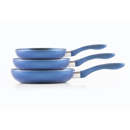 Picca Milan 3-Piece Large Cooking Pan Set - Easy Clean Marble Non Stick Frying Pan Set with Mineral Based Coating - No PFAS/PFOS/PFOA - Blue - 7.8in, 9.4in, 11in