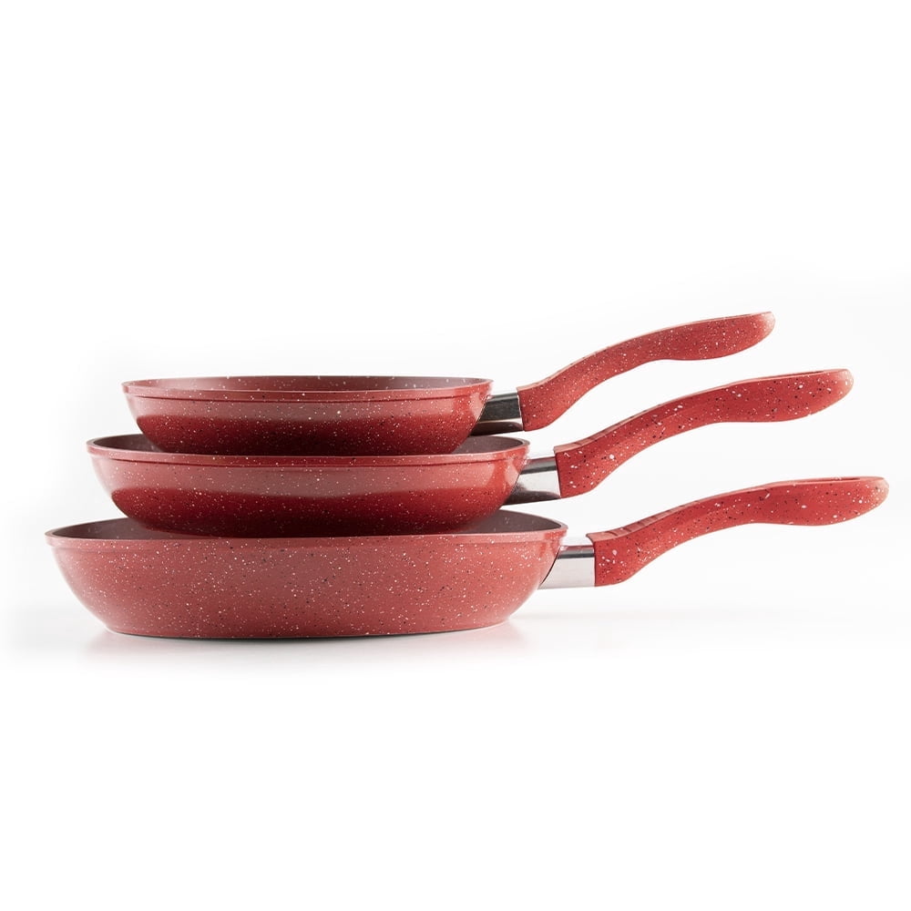 Picca Milan 3-Piece Large Cooking Pan Set - Easy Clean Marble Non Stick Frying Pan Set with Mineral Based Coating - No PFAS/PFOS/PFOA - Red - 7.8in, 9.4in, 11in