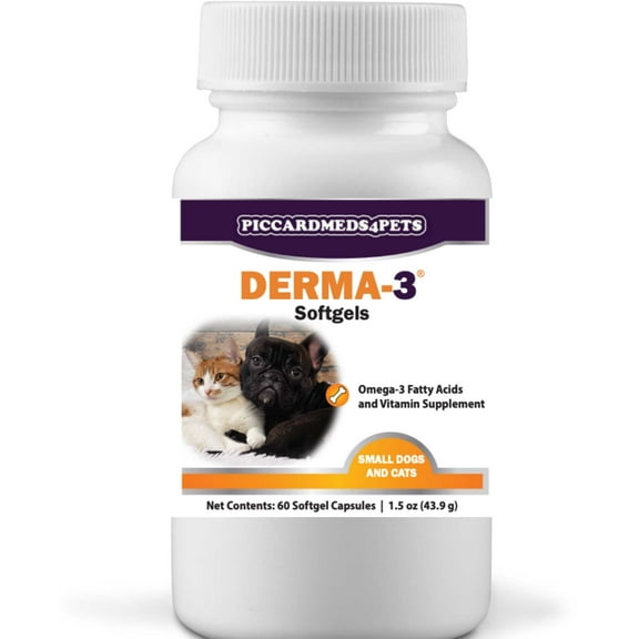 Piccardmeds4pets Derma-3 Omega-3 & Vitamin Supplement Small Dogs and Cats 60CT