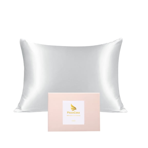 PiccoCasa 1 Pack 19mm Silk Pillowcase for Hair and Skin with Zipper Queen Silver
